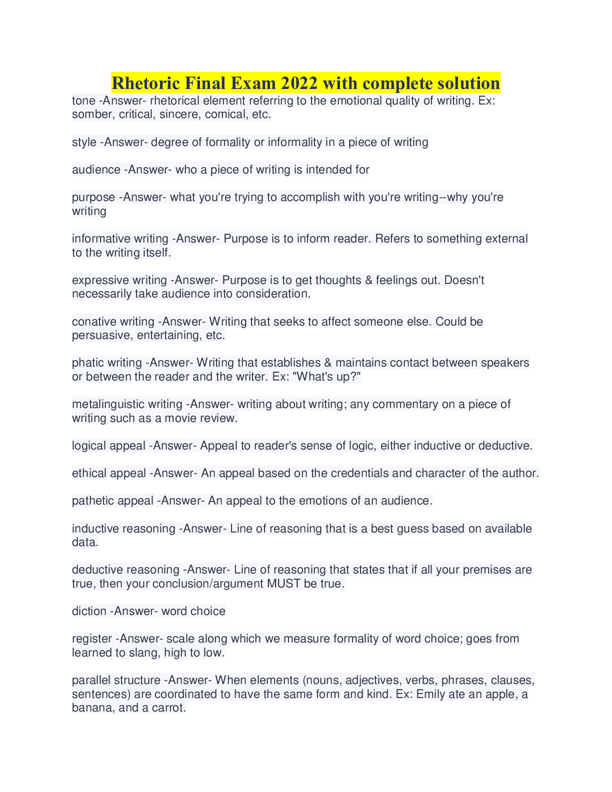 Preview image for Rhetoric Final Exam 2022 with complete solution